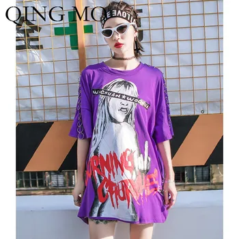 

QING MO Women Purple Character Print T Shirt Women Metal Rings Decorate T Shirt Women Summer Casual Style T Shirt ZQY559