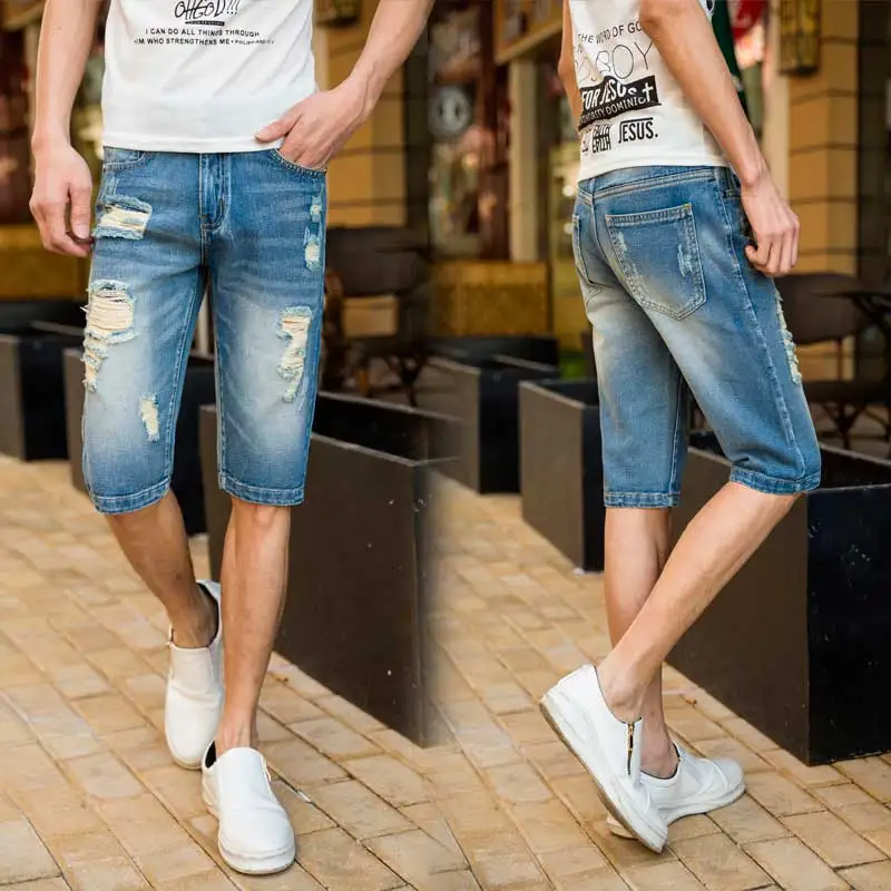 Los nuevos Hombres Clásicos de Agujeros Cortos Vaqueros Rectos de La Pierna  Delgada Pantalones Cortos de Mezclilla Ocasional Pantalones (sin La  Correa)|shorts trousers|man short trouserstrousers shorts - AliExpress