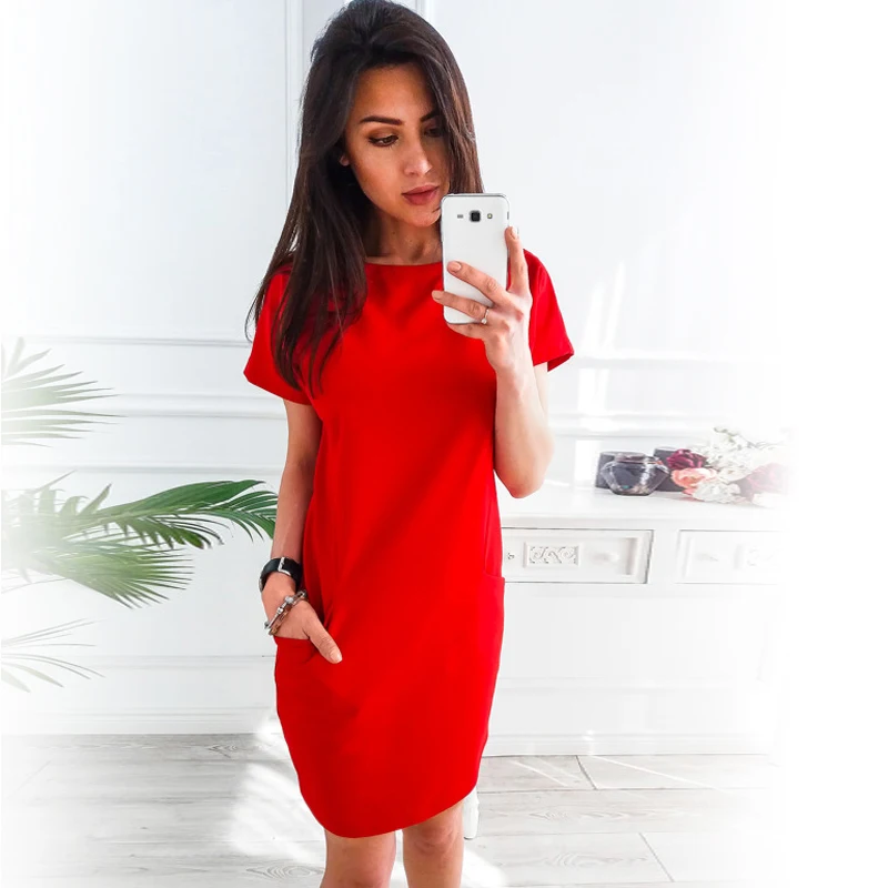 

Summer Dress Women Casual Pocket Dress Elegant O-neck Short Sleeve Solid Loose Straight Dress Beach Dresses Feminina Vestidos