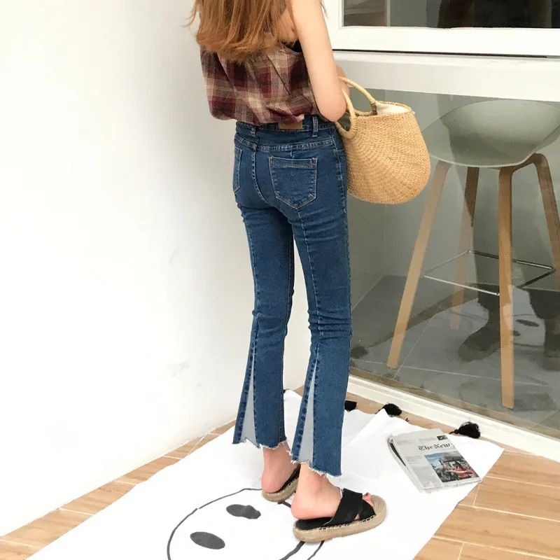 Cuffs Bleached Flare Leg Wide Leg Denim Jeans Butt Lift Korean High