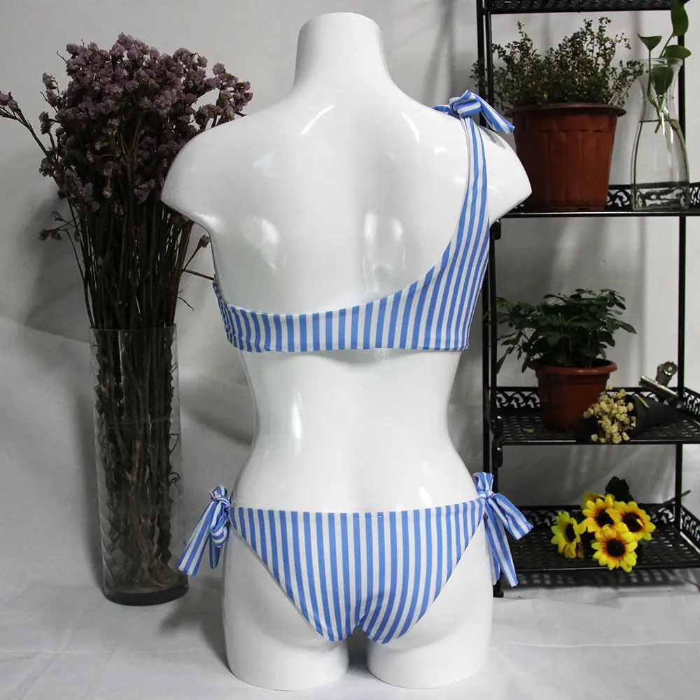 Летний сексуальный женский комплект бикини пуш-ап, бандаж на одно плечо, синий полосатый кружевной купальник, пляжная одежда, купальный костюм