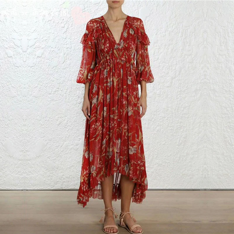 

Top Quality Runway Designer Ruffles Floral Print Sexy V-Neck Pure Silk Red Elegant Woman Long Dress with Long Lining Two Pieces