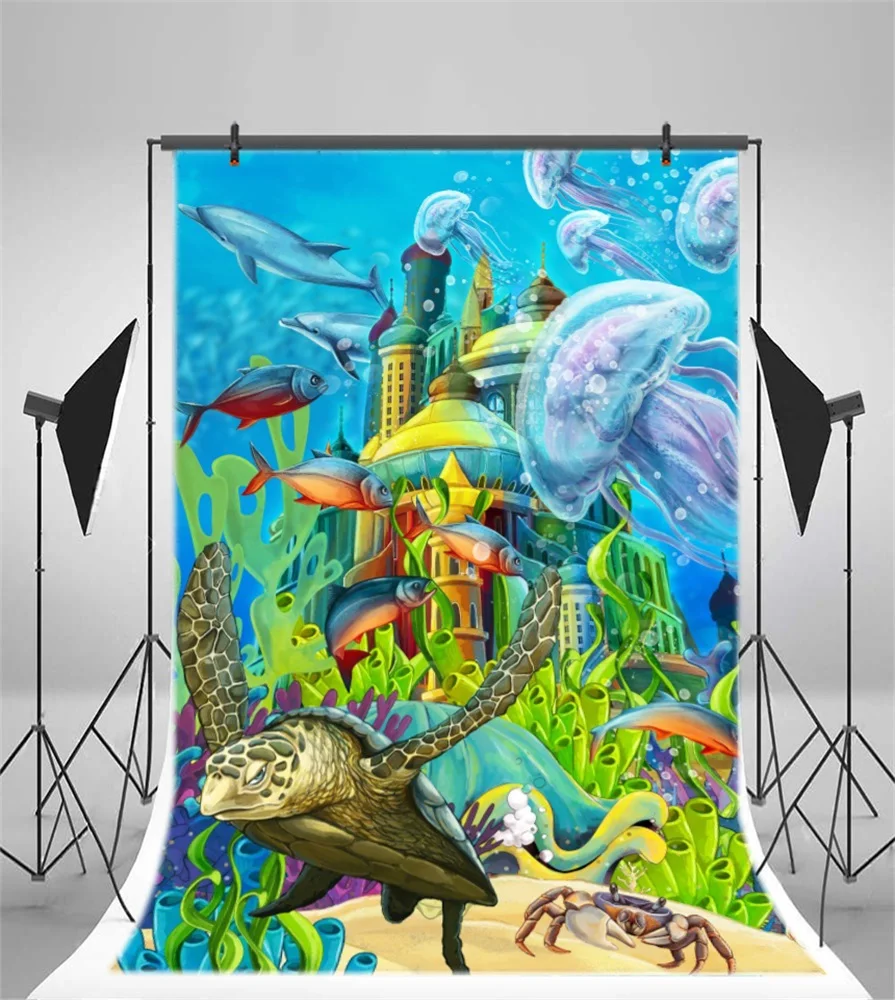 Laeacco Sea Underwater Tortoise Fish Castle Baby Photography Backgrounds Customized Photographic Backdrops For Photo Studio