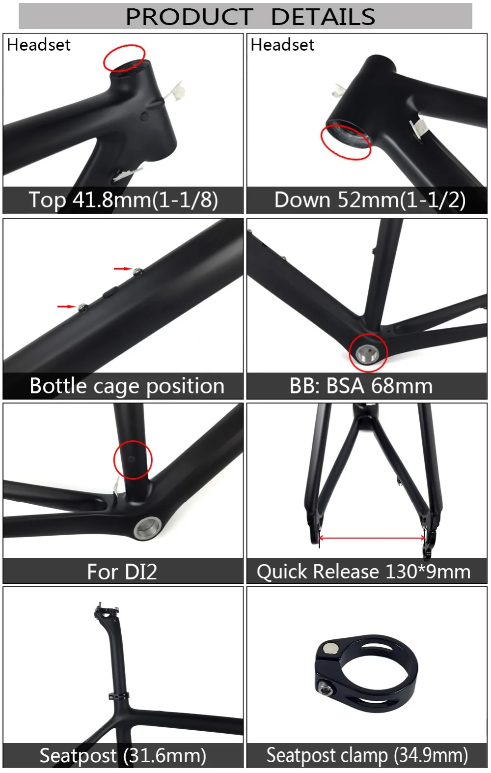 Cheap 2018 Newest T1000 Full Carbon Fiber Road Bike Frame UD Black Ultralight DI2 Carbon Road Bicycle Frameset BSA And PF30 Available 7