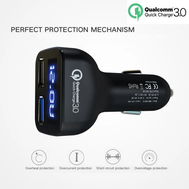 QC 3,0 Автомобильное зарядное устройство с двумя usb-портами для зарядки автомобильного телефона Быстрая зарядка с дисплеем Напряжение тока