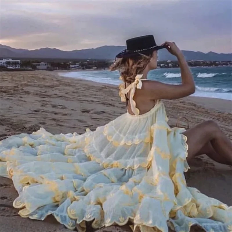 

Hot Selling Women Cotton Dress Mid Long Ruffles Pleated 2019 Summer Holiday Beach Dresses Feminine Aline Big Hem Vestido Clothes