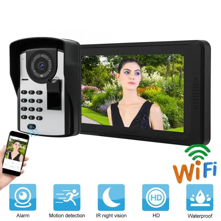 

7 Inches Wired Video Doorbell Phone Fingerprint Password Remote Control Unlocking App Doorbell