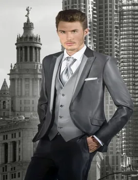 

New Arrival Groom Tuxedos Shiny Grey Groomsmen Peak Lapel Wedding/Dinner Suits Best Man Bridegroom (Jacket+Pants+Tie+Vest) B592