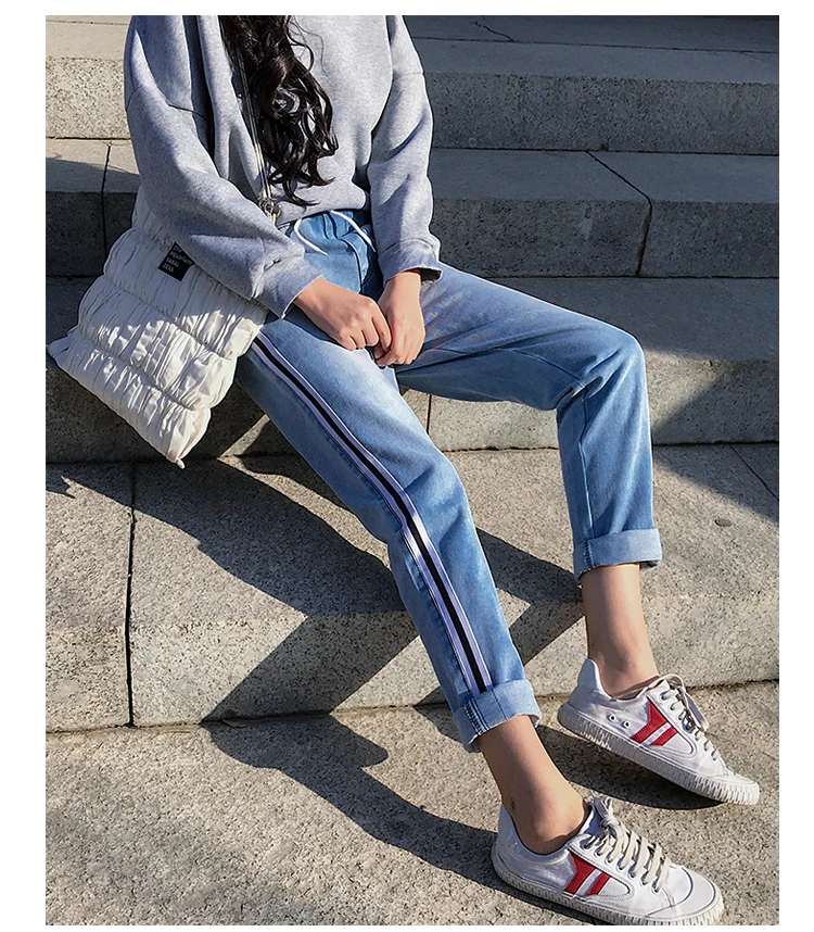 Jielur бойфренд, с высокой талией джинсы S-5XL брюки в полоску джинсы Femme 2019 корейский стиль плюс Размеры женские джинсы Slim дропшиппинг