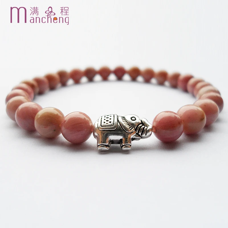 

Men women 6MM natural Rhodonites stone strand bracelet & silver plated elephant beads Rhodonites rope chain elastic bracelets