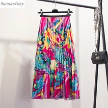 BunniesFairy Летняя женская винтажная Ретро Фэнтези абстрактная граффити Цветочный Принт Высокая талия плиссированная миди юбка Пляжная праздничная