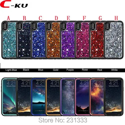 

C-ku Glitter Hybrid Armor TPU PC Hard Case For Iphone X 8 7 PLUS 7PLUS I7 6 6S Shockproof 3 in 1 Sequins Cover Skin Fashion 1pcs