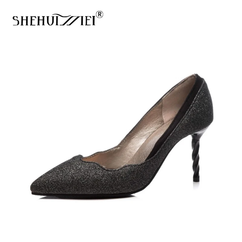 

Shehuimei Women Pumps Genuine Leather Blings Pointed Toe Slip On Shoes Woman Thin High Heels Party Wedding Pumps Plus Size 34-48