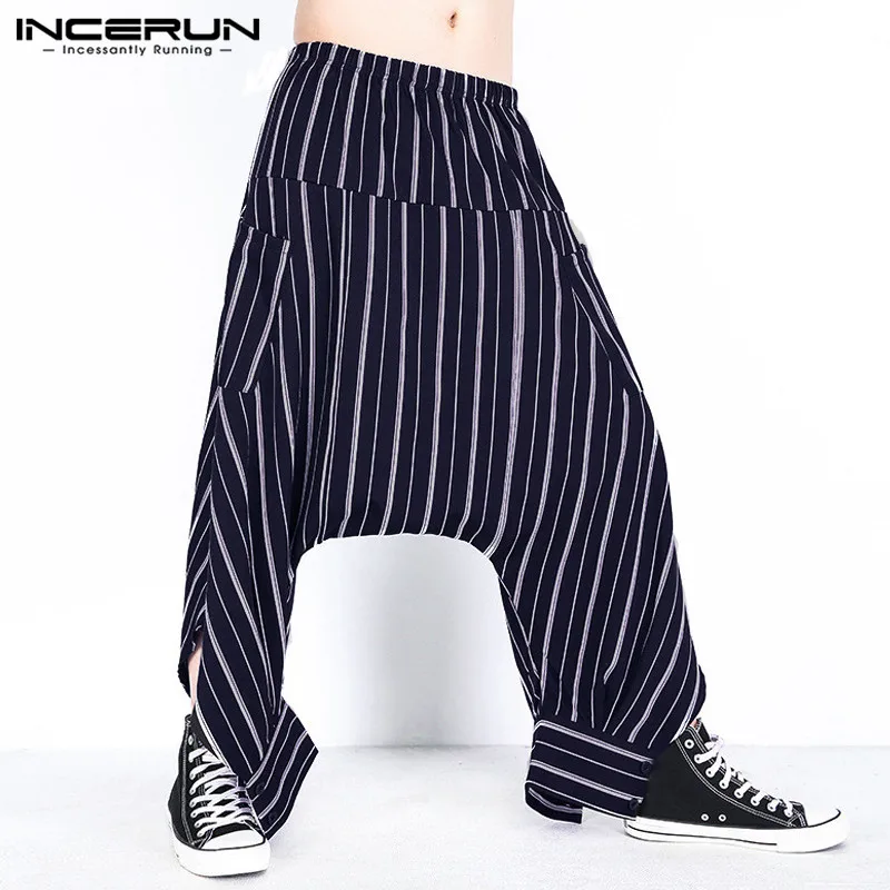 

INCERUN 2019 Fashion Stripe Print Men Pants Hip Hop Casual Harem Trousers Casual Low Drop Crotch Elastic Waist Baggy Pants