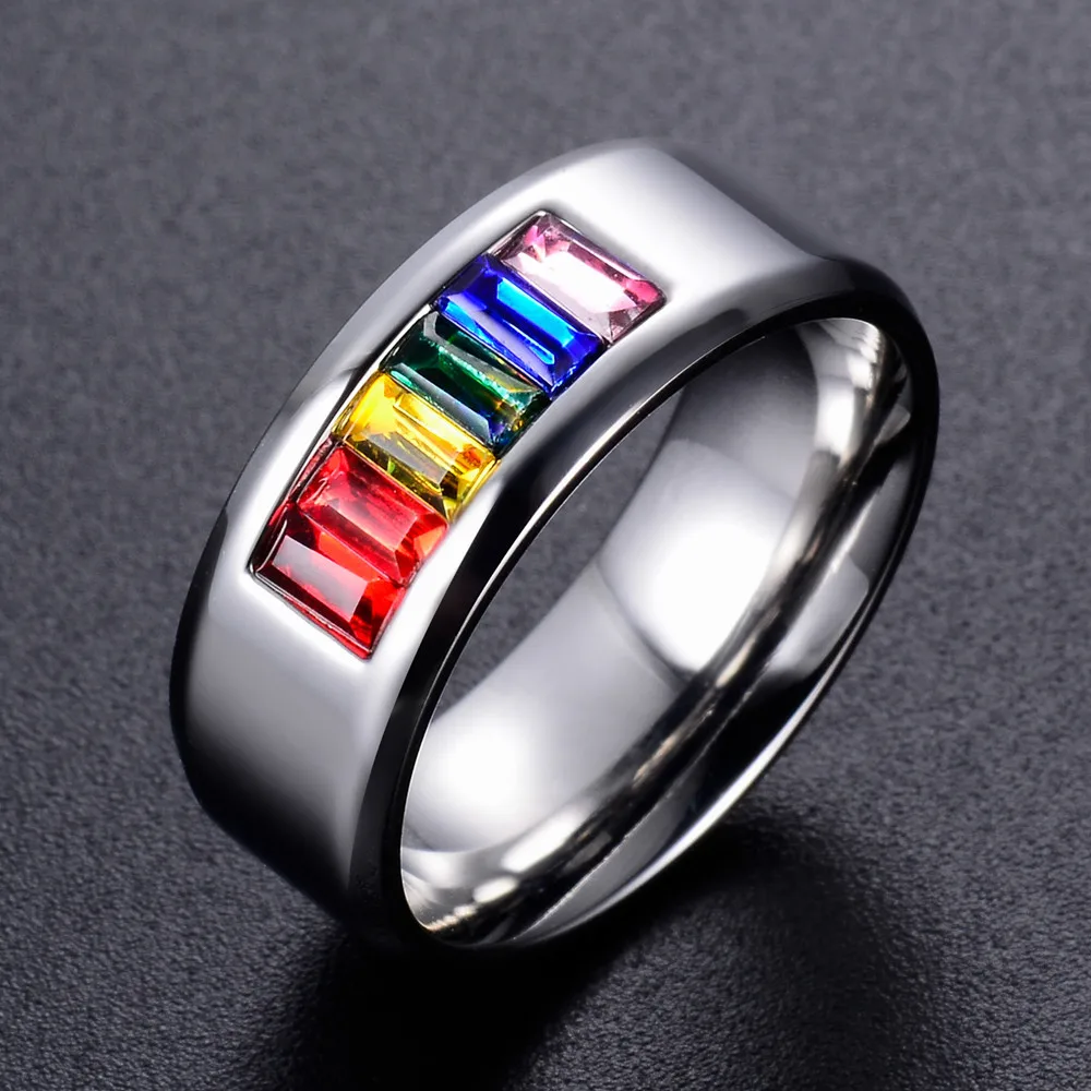 

8mm Rainbow Colored Crystal Stainless Steel Ring For Men Women Gay Pride Engagement Rings With Stone Anel Masculino Dropshipping