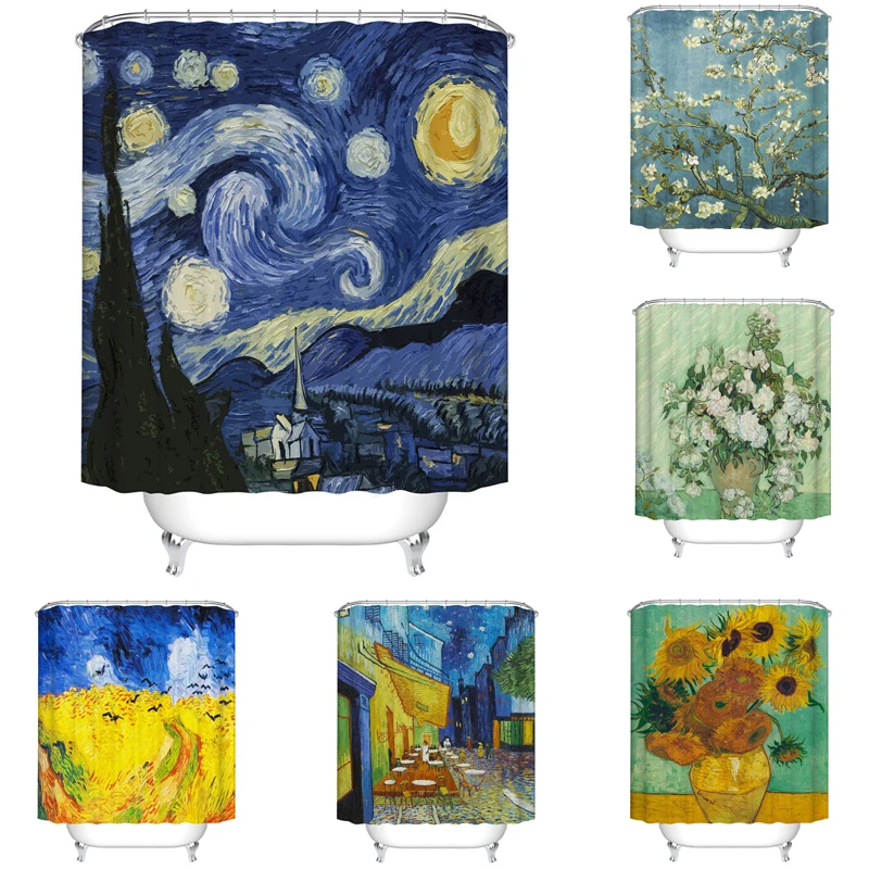 

Famous Oil Painted Style Shower Curtains Set Bathroom Decor Accessories Waterproof Fabric Bath Screen Curtain With Hooks