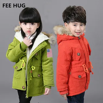 

FEE HUG Children Coats Boys Jakcets Girls Cotton Padded Coats Kids USA flag Hooded Coat Thick Cotton Warmer Kids Winter Coat