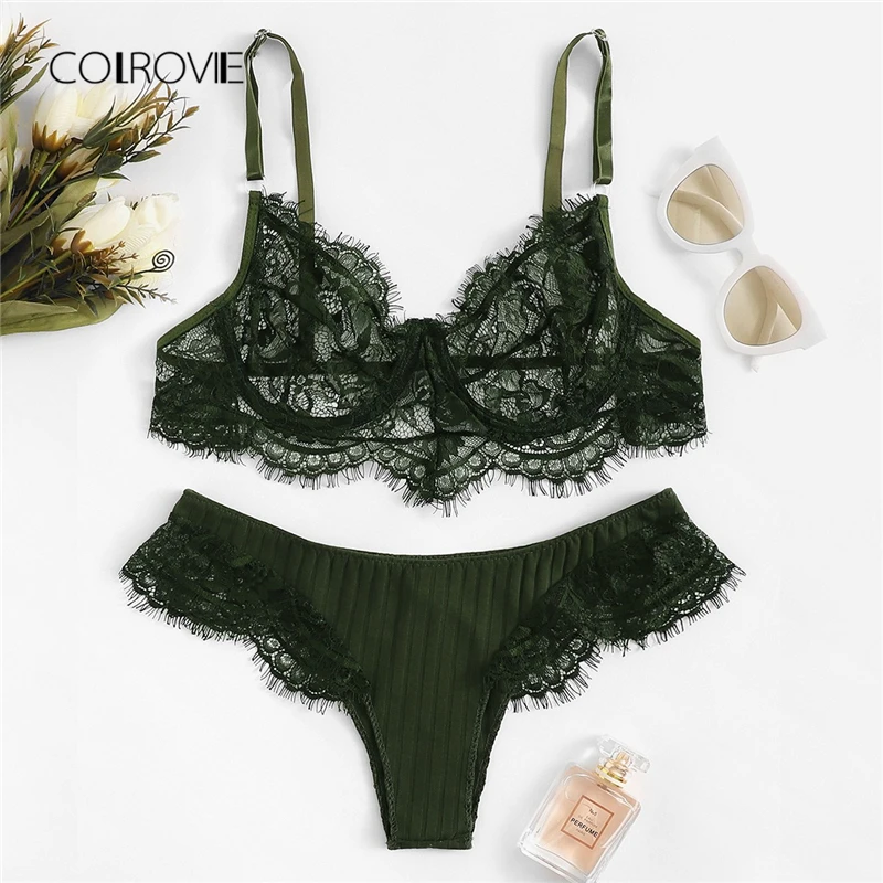 COLROVIE Army Green Eyelash Lace Sexy Lingerie Set 2018 Women Wireless Transparent Underwear Set Female Elegant Intimates