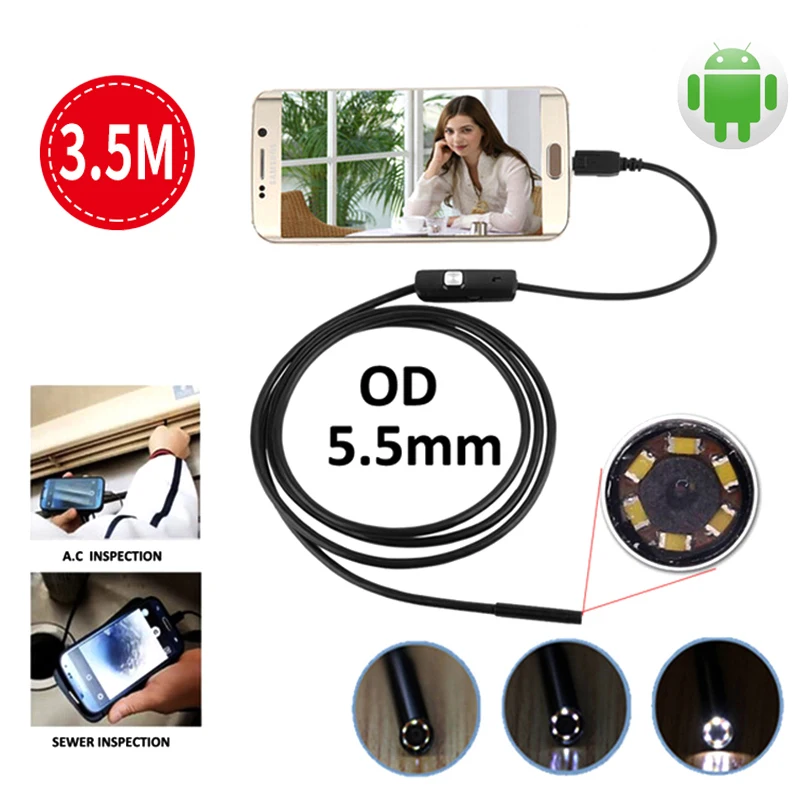 

Endoscope Android USB Camera 3.5M 5.5mm Pipe Inspection Android Phone Endoscope Mini Camera USB Snake Waterproof Cable Camera