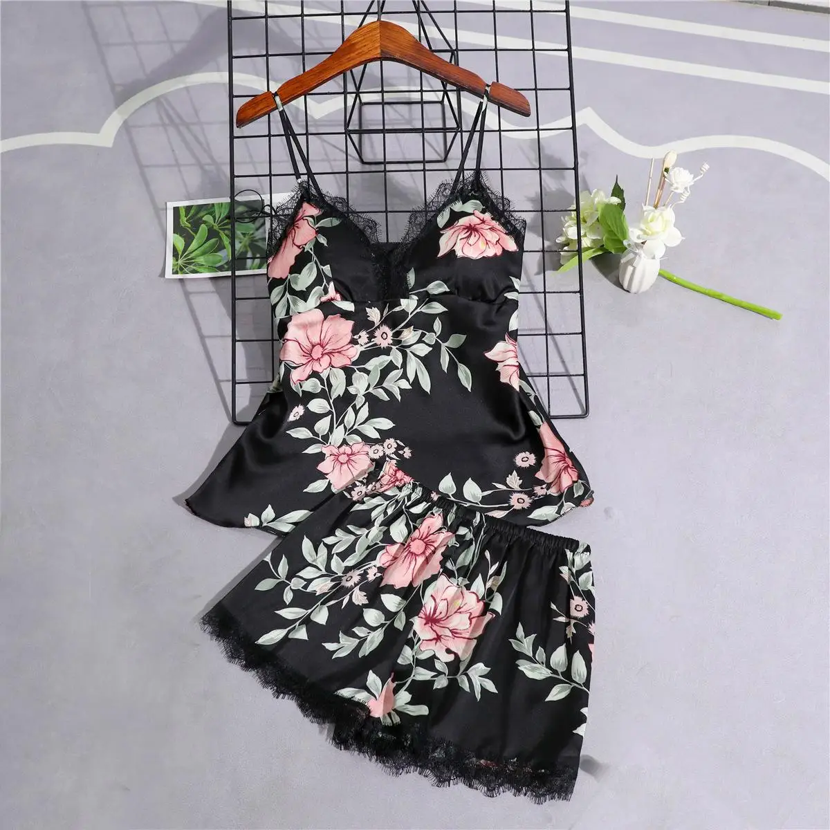 Черный женский комплект из 4 предметов: топ на бретелях и штаны Пижама комплекты одежды для сна Весенняя домашняя ночная рубашка соблазнительное кимоно Халат - Цвет: G - 1