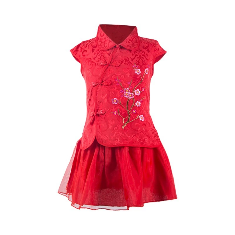 

Summer Baby Girl Clothes Set Chinese Style Traditional Embroidery Cheongsam Dress Set Fashion Flower Girl Dress Set