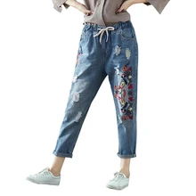 Винтажный эластичный Цветочный Пояс джинсы с вышивкой повседневные рваные женские джинсовые брюки с дырками брюки женские шаровары большие размеры 3XL