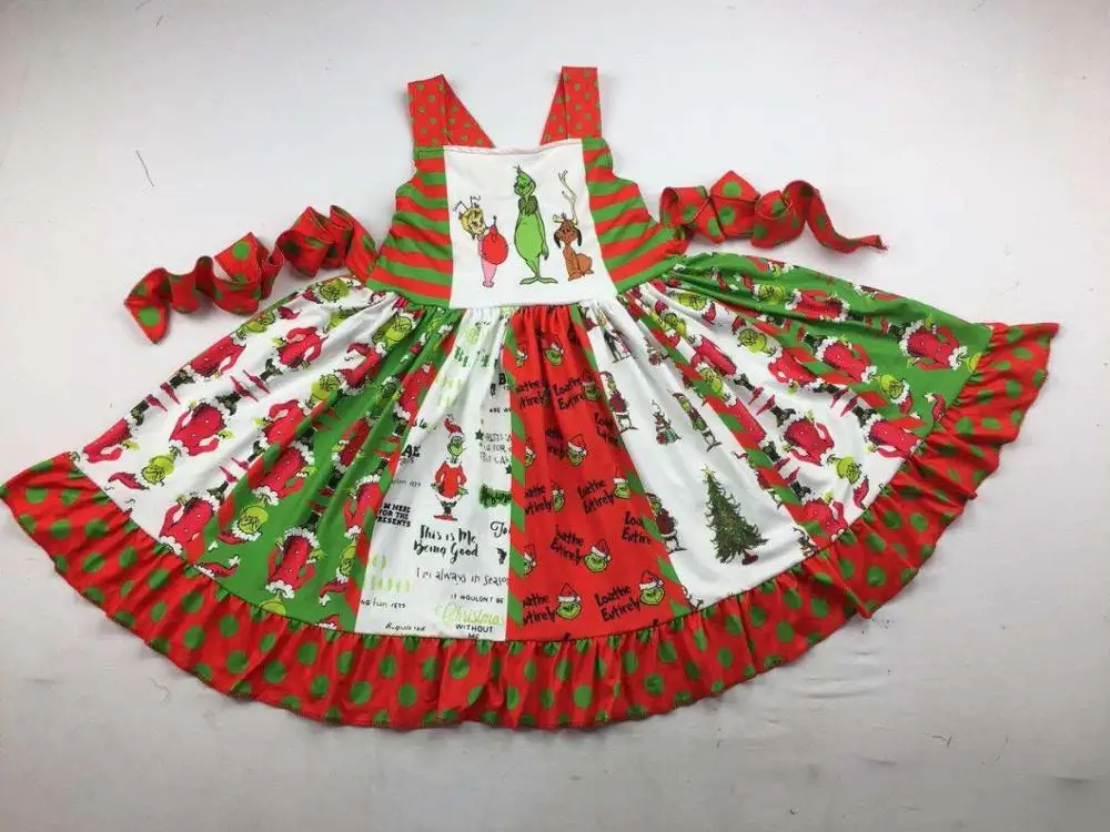 

Christmas grinch printed baby girl knee length dress high quality kids clothing