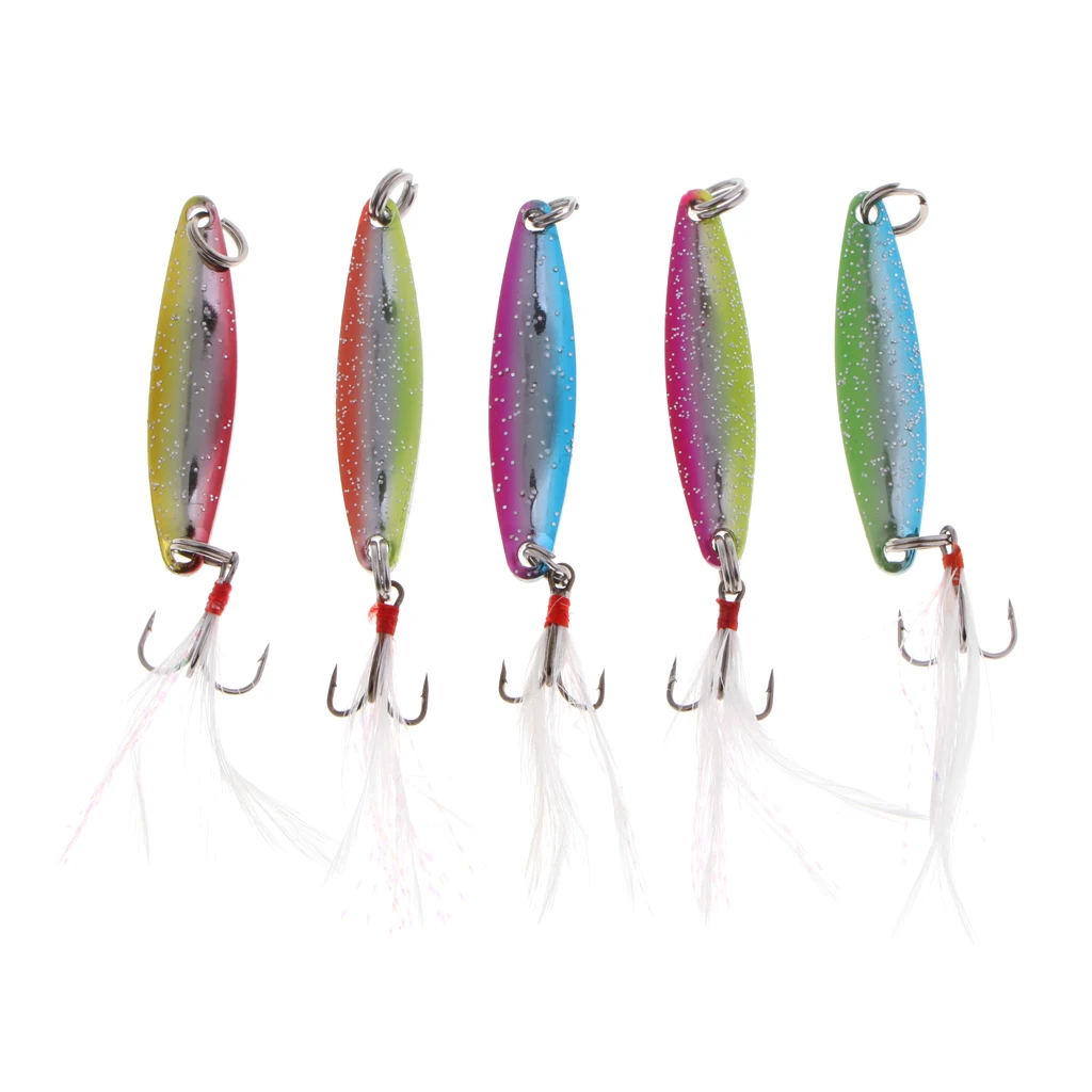 5pcs Spoons Hard Fishing Lures Treble Hook Salmon Bass Metal Fishing Baits Mixed Color 5g/8g/14g/17g