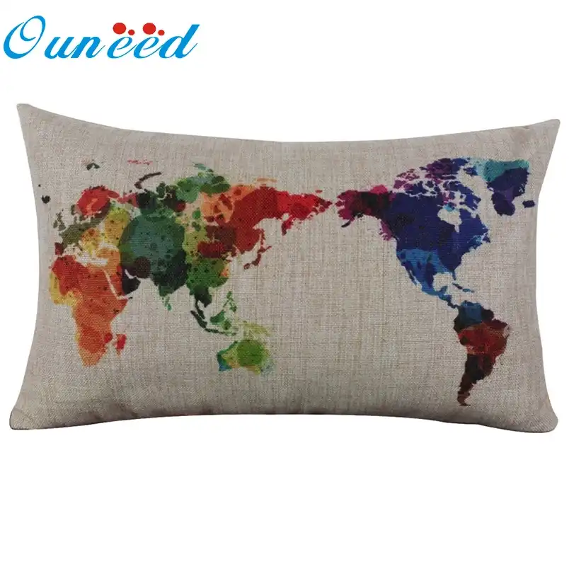 Ouneed Linen Cotton World Map Pillowcase Retro Decorative Pillow