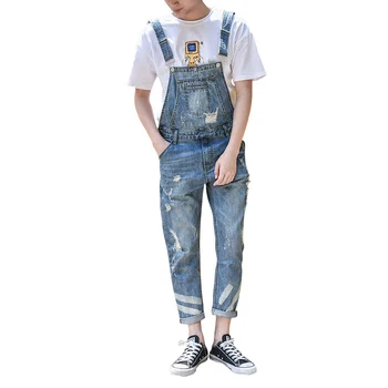 

2017 New Men's Denim Overalls Men Casual 9 Pants Jeans Jumpsuits For Men With Holes Nine Length Pants M-3XL