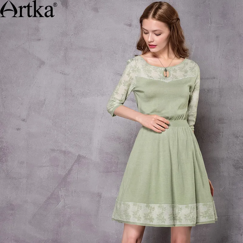 Artka женское жаккардовое трикотажное платье с круглым вырезом и рукавами три