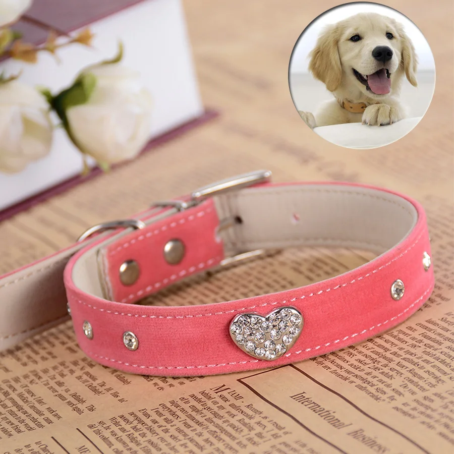 Puppy Dogs Collar Designer Rhinestone Heart PU Leather Dog Supply