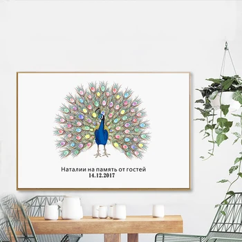 

HAOCHU Wedding First Communion Signature Gorgeous Peacock Guestbook Sign In Fingerprint Canvas Painting Party Supplies