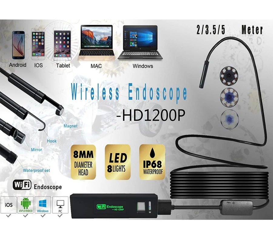 6LED WiFi Android yH USB Endoskop Endoscope Inspektion Kamera 2/5M für IOS 