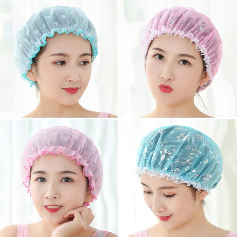 

1PC Double Elastic Dot Flowers Waterproof Shower Cap Thicken Bath Hat Bathing Cap for Women 25CM Size