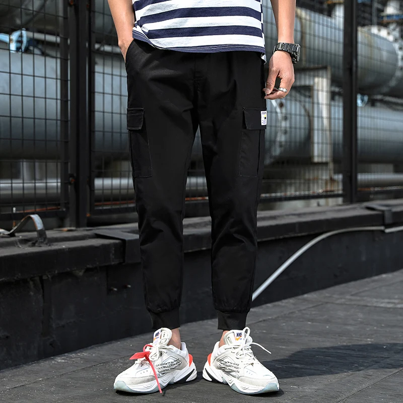 

New Arrival Men Ribbons Color Block Black Pocket Cargo Pants 2019 Harem Joggers Harajuku Sweatpant Hip Hop Trousers Brand C135