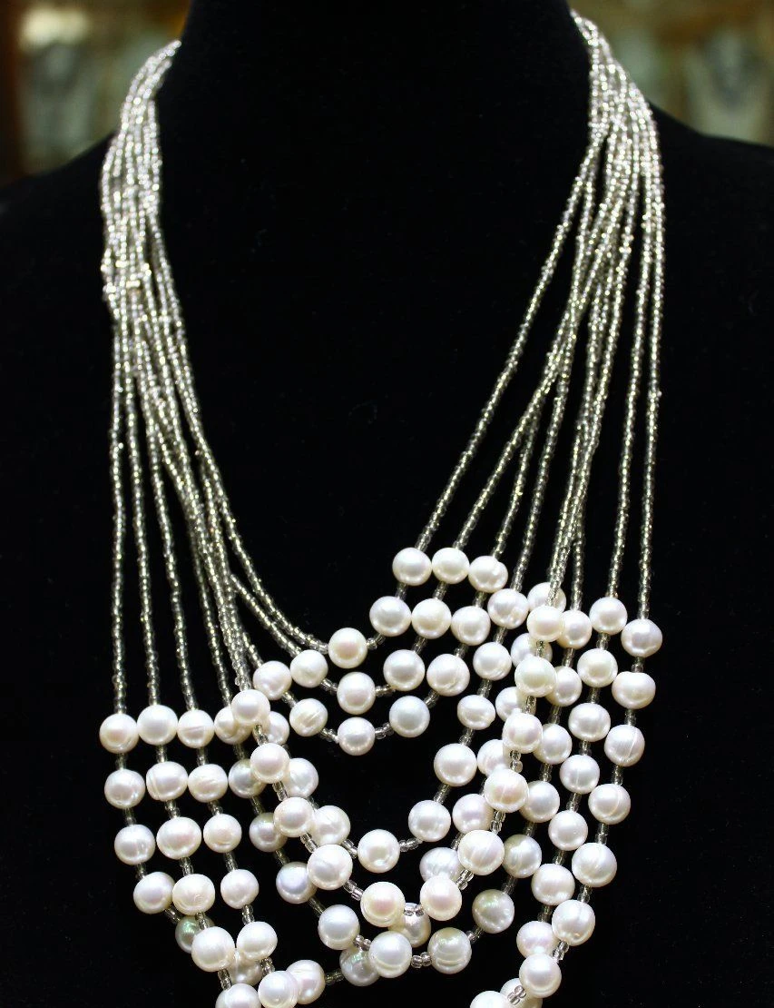 

9 strands fresh water pearl necklace 8x9mm& 2mm Glass beads