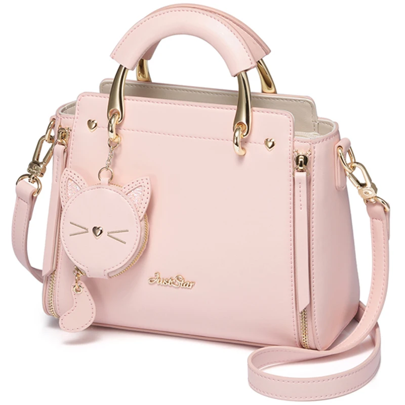 

Just Star Leather Handbag Ladies Embroidered Cat Handbag Purse Ladies Tassel Stitching Casual Messenger Bag