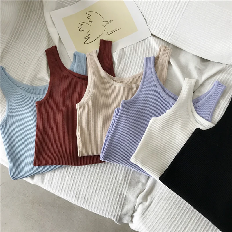 

6 Solid Color All-match Fashion Basic Top Women Korean New Ice Silk Elegant Sleeveless Haut Femme Sexy Lady White Tank Top Black