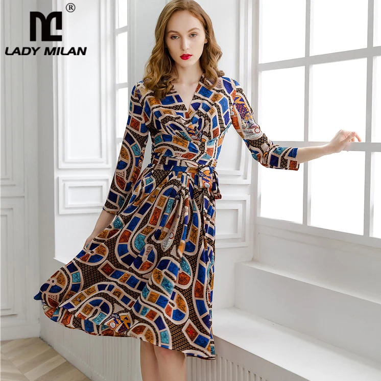

Lady Milan 2019 Women's Runway Dresses Sexy V Neck 3/4 Sleeves Printed Sash Belt Fashion Casual Dresses