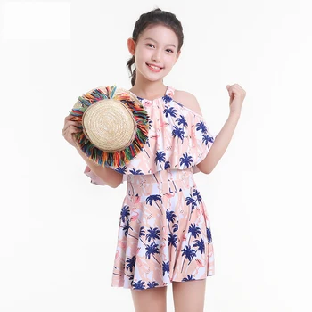 

Teenager girl swimwear dress pink print off shoulder 2019 new one piece suit chindren kids beach wear 10-16Y