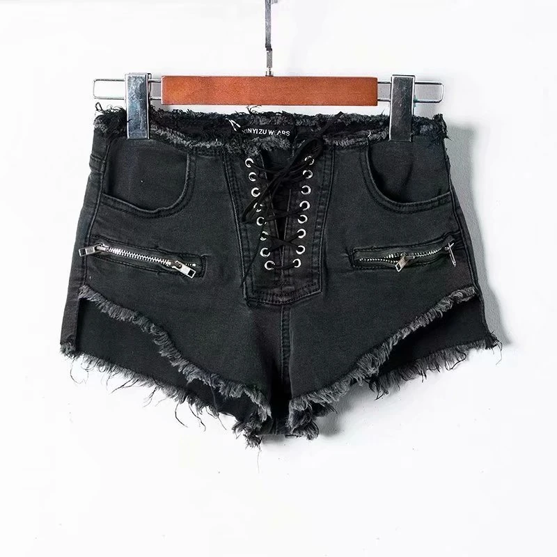 Винтажные шикарные женские свободные джинсовые шорты со средней талией, шорты для фитнеса из хлопка с карманами на шнуровке - Цвет: black