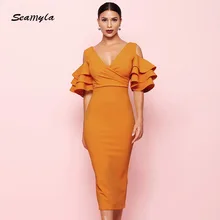 Seamyla 2018 Novo e Elegante Vestido Mulheres Sexy Meados de Bezerro Vestidos de Festa À Noite Azul Branco Laranja Vermelho Preto Runway Bodycon Vestidos