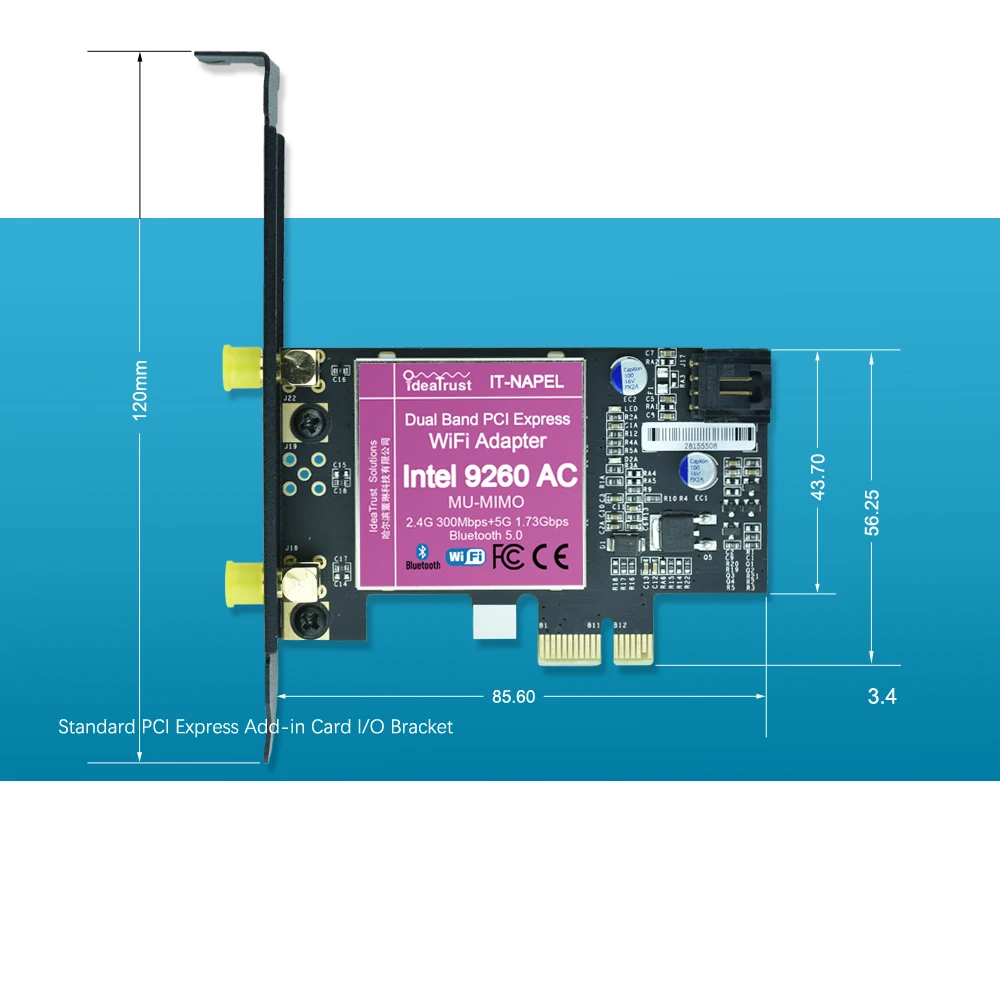 Kopen IT NAPEL 9260AC Intel 9260 AC 9260AC 9260NGW MU MIMO Bluetooth 5.0 PCI E PCIe 1x X1 WiFi Kaart Voor desktop PC PK Intel 7260 7265