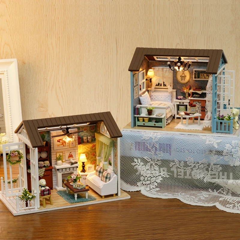 American Style Funny Wooden Mini Classical House DIY Crafts Toys Dollhouse with LED Light Exquiste Gifts for Children Handmade 