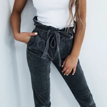 

Streetwear Corduroy Cargo Pants Women Casual Joggers Black Frill High Waist Loose Female Trousers Belt Tie Ladies Pants Capri
