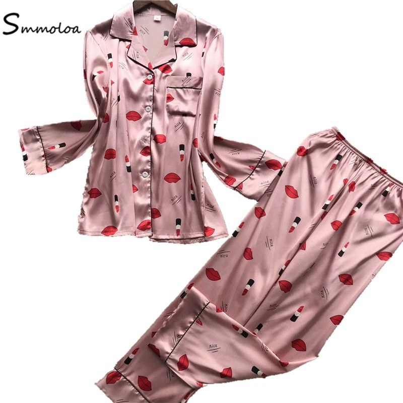 

Smmoloa Women Satin Pyjamas Silk Sleepwear Sets Print Housewear New