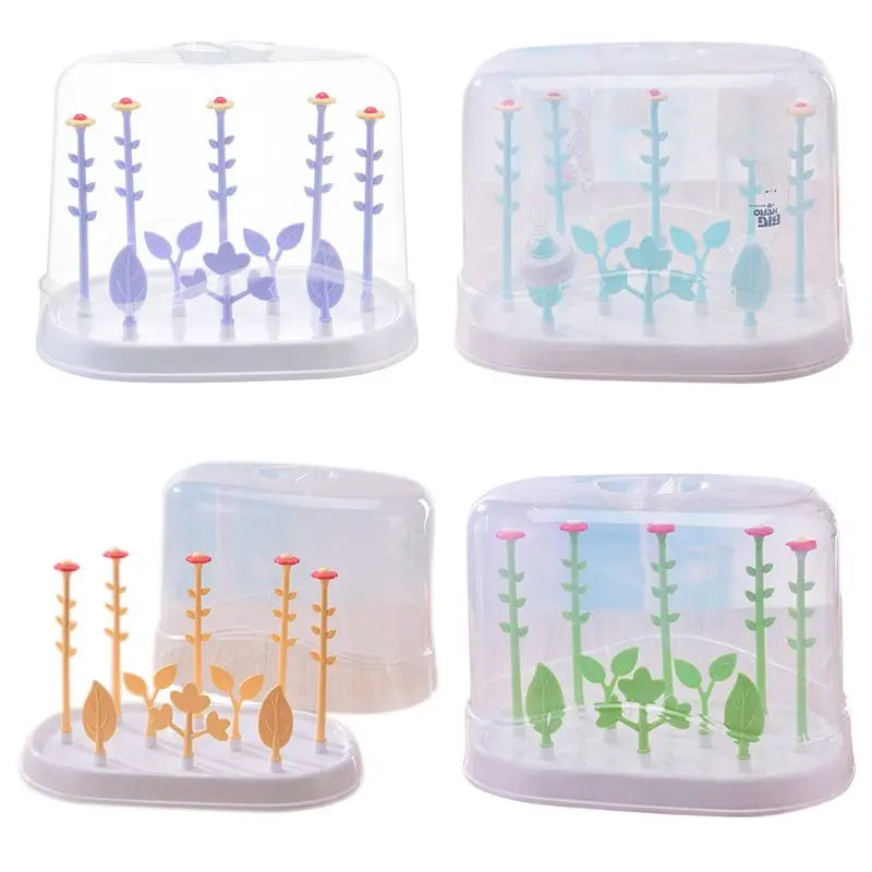 

Flower Type Multifunctional Baby Bottle Holder Storage Box Drain Rack with Dust Cover Kids Infants Bottles Drying Racks