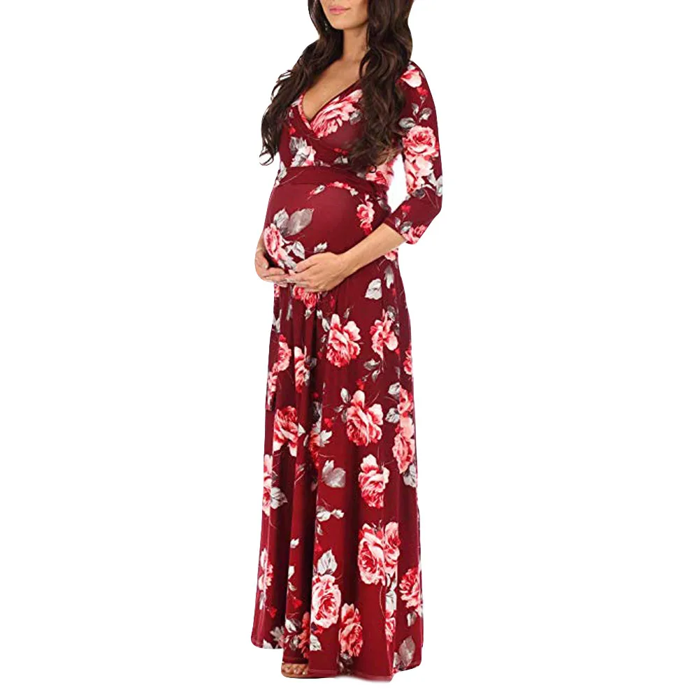 LONSANT платье для беременных; женское платье с цветочным принтом; элегантное платье для беременных; Одежда для беременных; зимнее разноцветное платье - Цвет: Красный