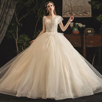 

Optcely Luxury V-Neck Lace Hall Gown A-Line Wedding Dress 2019 Appliques Beaded Chapel Train Vintage Bridal Gown Robe De Mariage